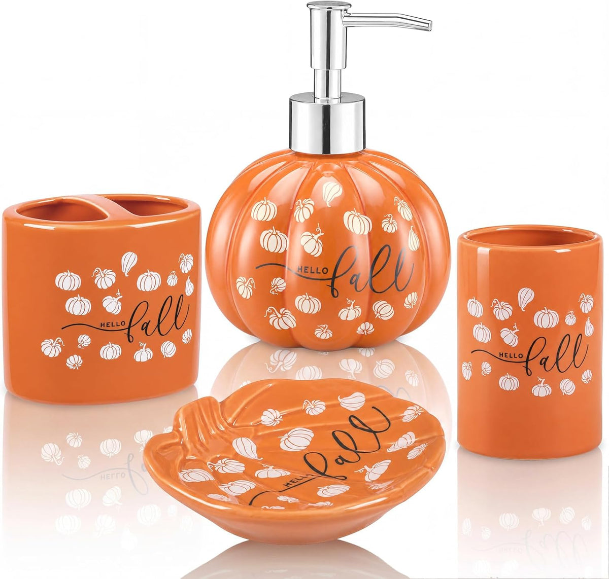 Domensi 4 Pcs Pumpkin Bathroom Ceramic Accessories Set Fall Bathroom Decor Include Lotion Dispenser Toothbrush Holder Tumbler Soap Dish for Home Bath Kitchen Decoration