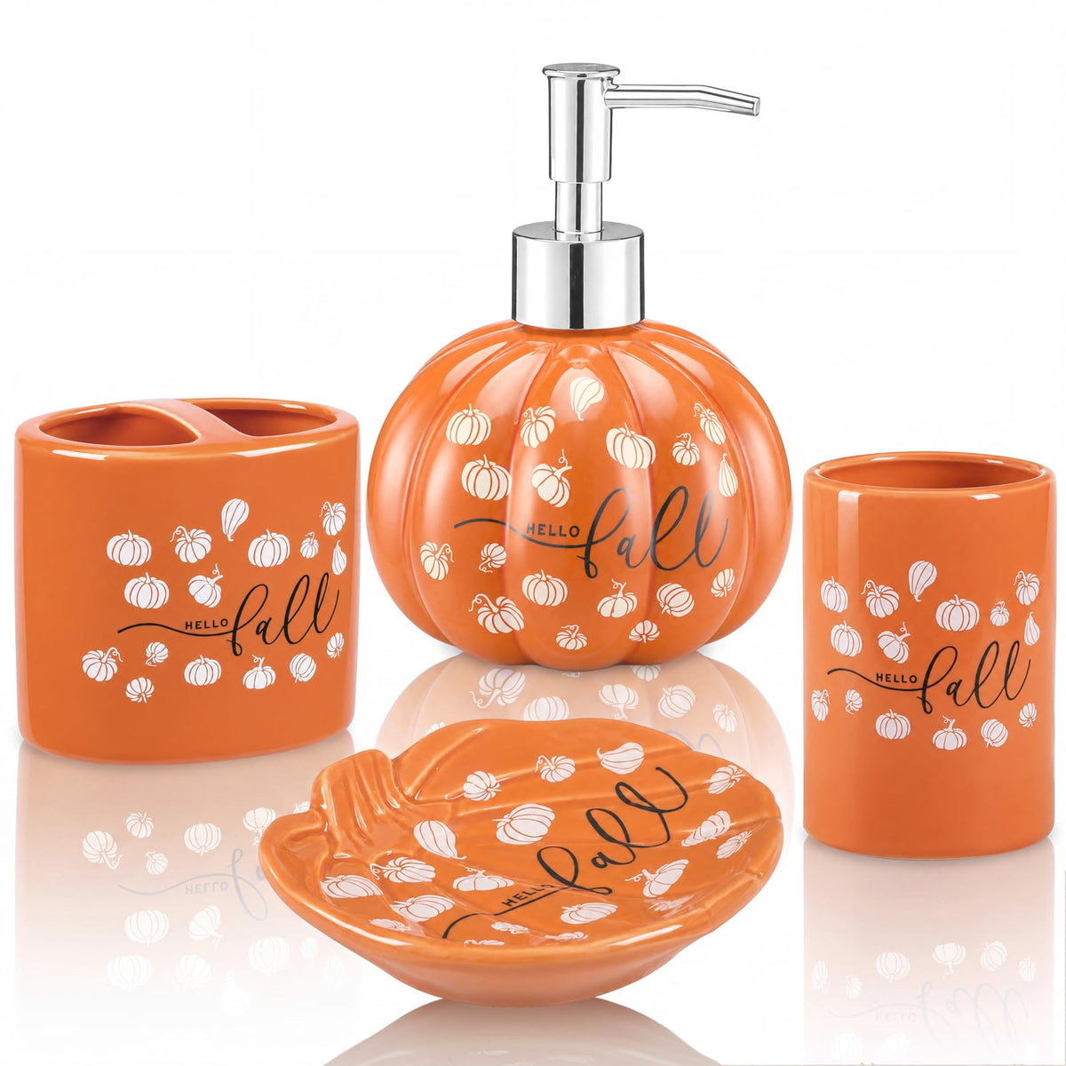 Domensi 4 Pcs Pumpkin Bathroom Ceramic Accessories Set Fall Bathroom Decor Include Lotion Dispenser Toothbrush Holder Tumbler Soap Dish for Home Bath Kitchen Decoration
