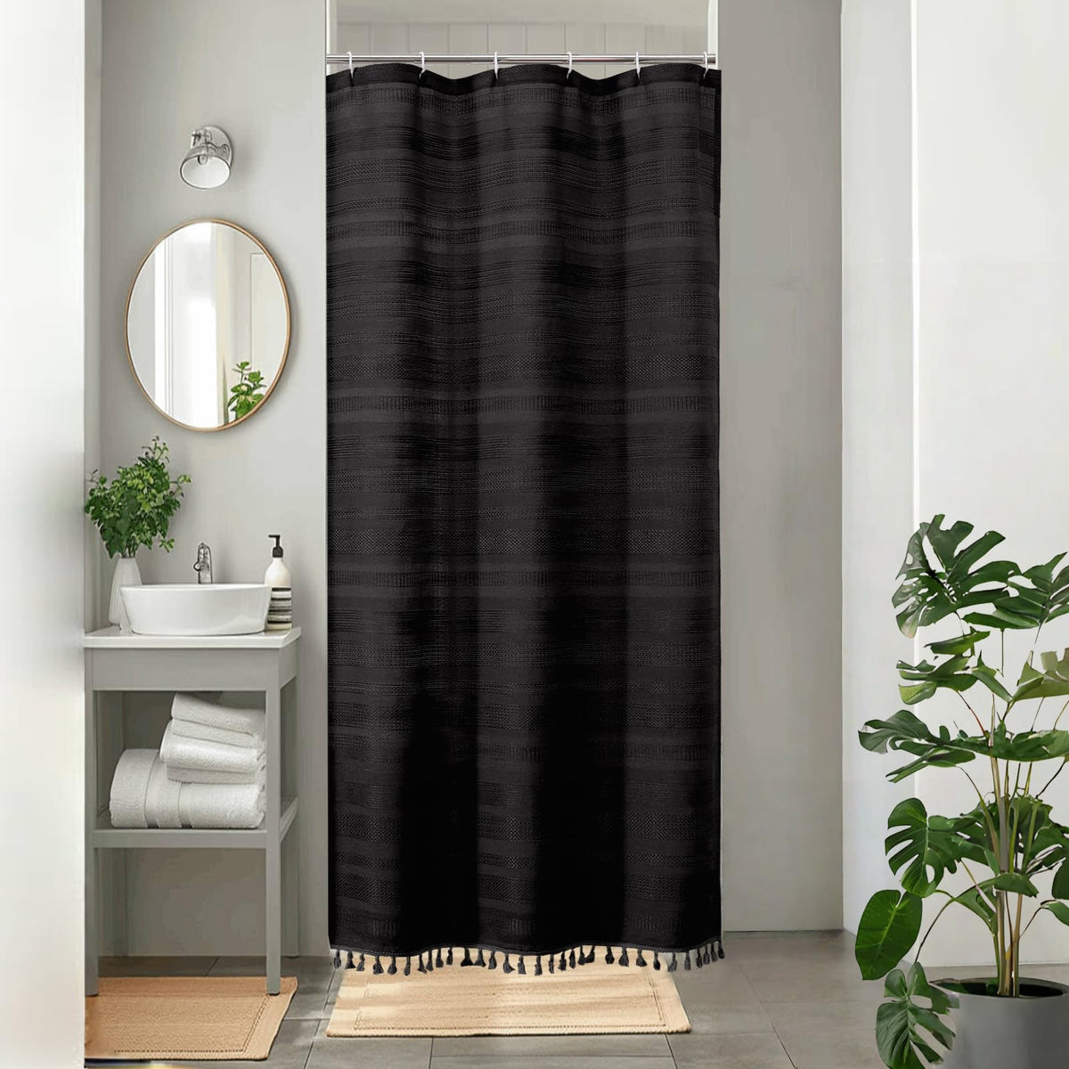 OVZME Extra Long Linen Shower Curtain - 84 Inch Long, Modern Farmhouse Heavy Duty Textured Soft Fabric, Rustic Country Boho Cloth Shower Curtain with Tassel for Bathroom Hotel, 72Wx84L Inches