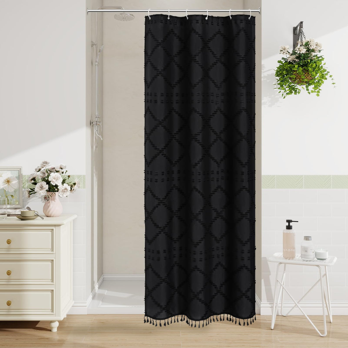 Blue Boho Woven Fabric Shower Curtain with Tassel 72 x 72, Tufted Textured