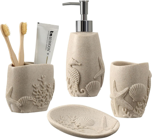 Bathroom Accessories Set, 4 PCS, Sea Bathroom Decor, Sandstone Look Beige
