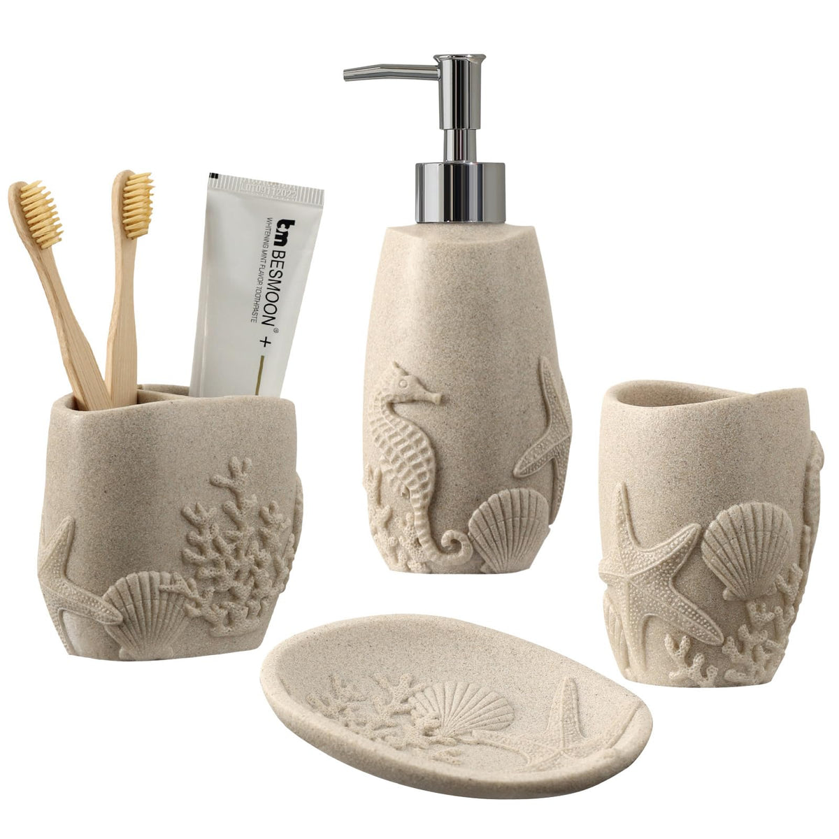 Bathroom Accessories Set, 4 PCS, Sea Bathroom Decor, Sandstone Look Beige