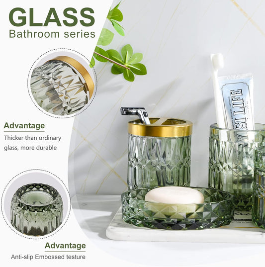 LaMarriti Green Bathroom Accessories Set, 6 Pcs Clear Glass Bathroom Set | Toothbrush Holder Set, Soap Dispenser, Soap Dish, Tumbler, Q-Tips Holder for Vintage Crystal Bathroom Decor, Gift Set