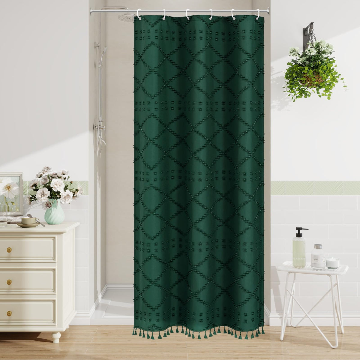Blue Boho Woven Fabric Shower Curtain with Tassel 72 x 72, Tufted Textured