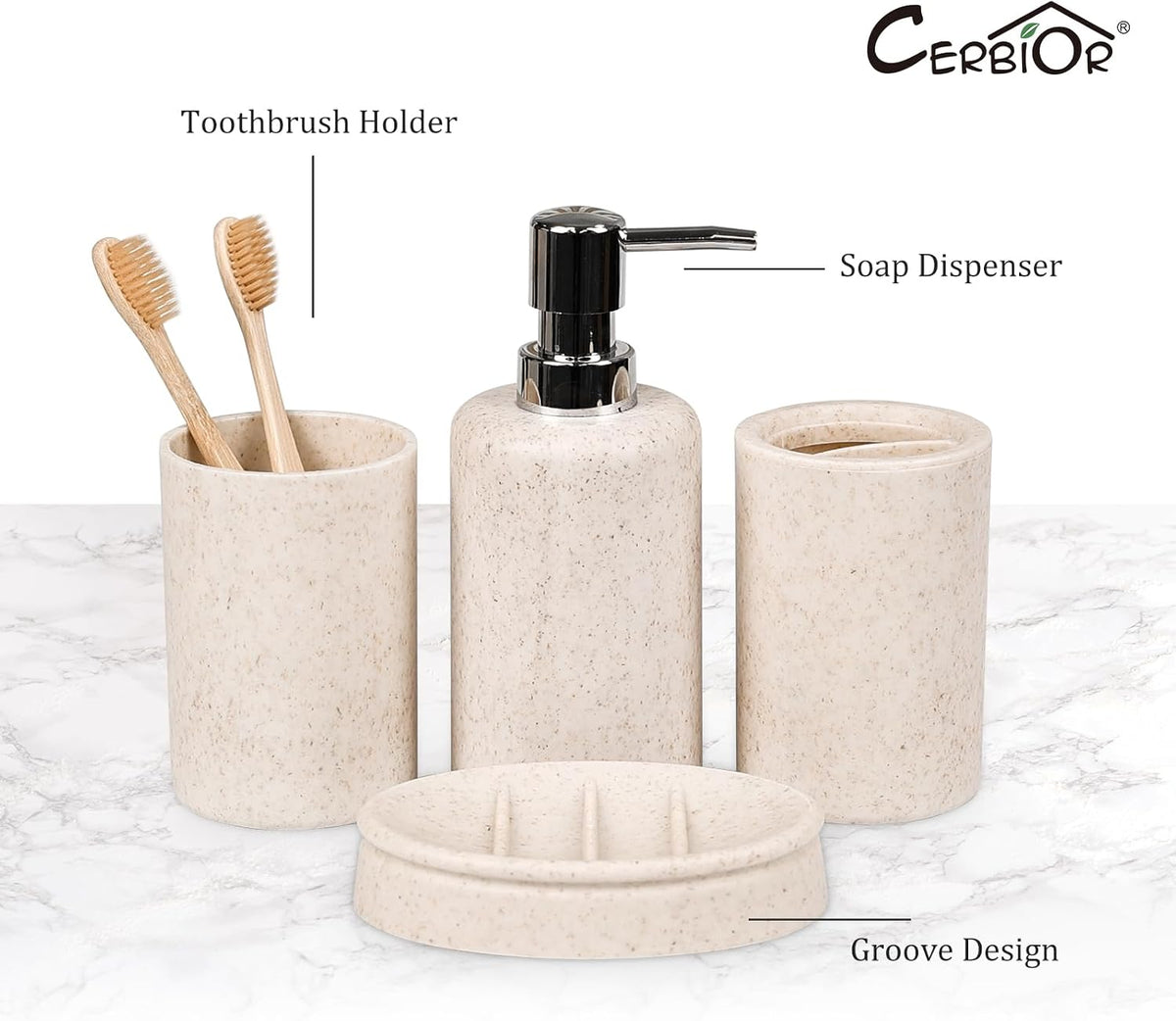 CERBIOR Bathroom Accessories Set 6 PCS Wheat Straw BathroomSet,Beige