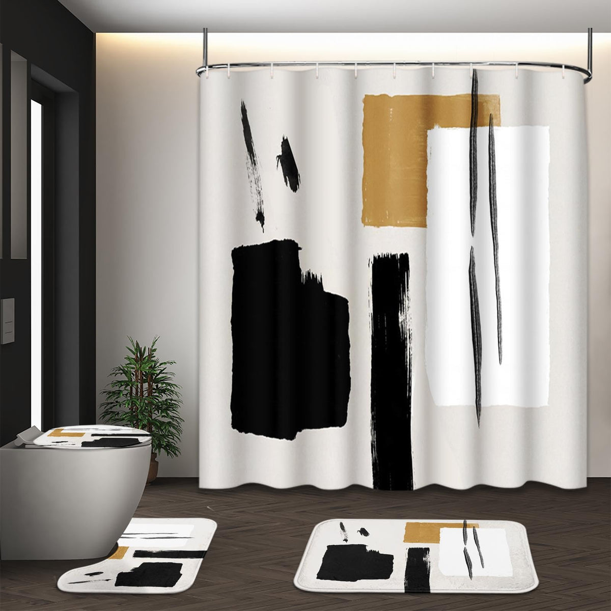 Bathroom Sets with Shower Curtain and Rugs, Set of 4, Boho Sage