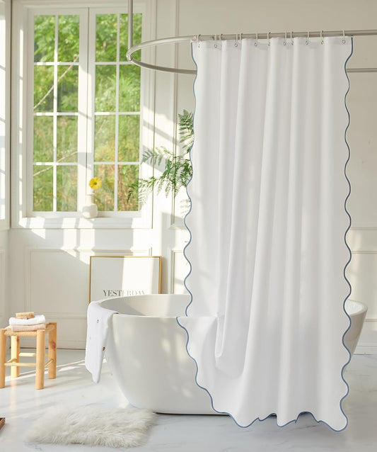 White Fabric with Water Blue Scalloped Border Shower Curtain,Boho Chic Cloth Shower Curtain for Bathroom Showers,72 x 72 Inches