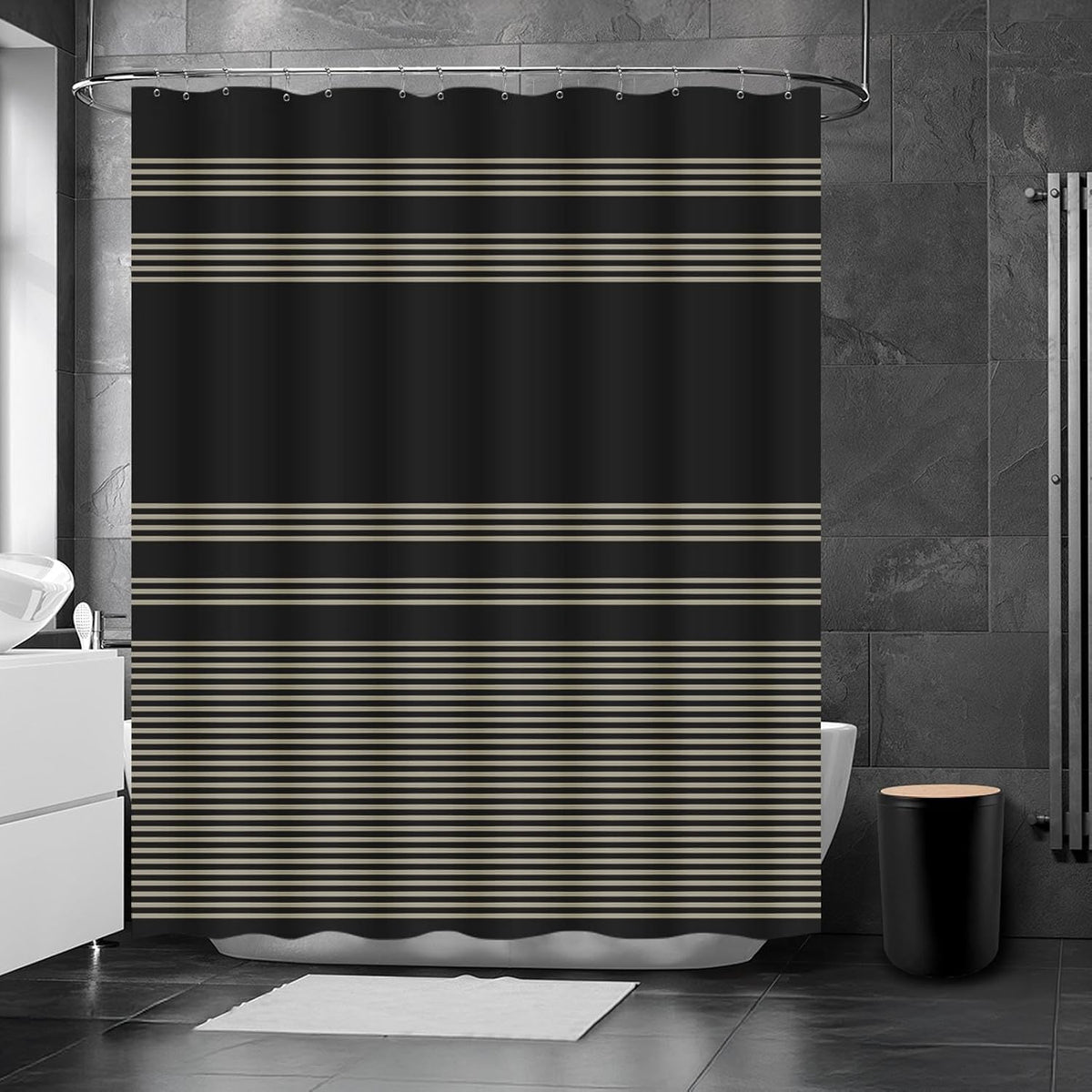 Britimes 7 Pack Bathroom Accessories Set, Shower Curtain Set, Black Striped