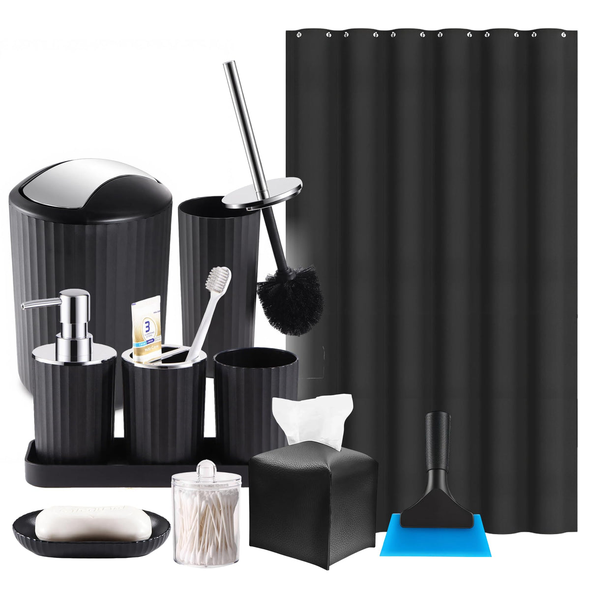 Black Bathroom Accessories Set, 10Pcs Bathroom Accessory Sets Complete with Trash Can, Shower Curtain, Vanity Tray, Soap Dispenser, Soap Dish, Toothbrush Holder&Cup, Toilet Brush&Holder, Qtip Holder