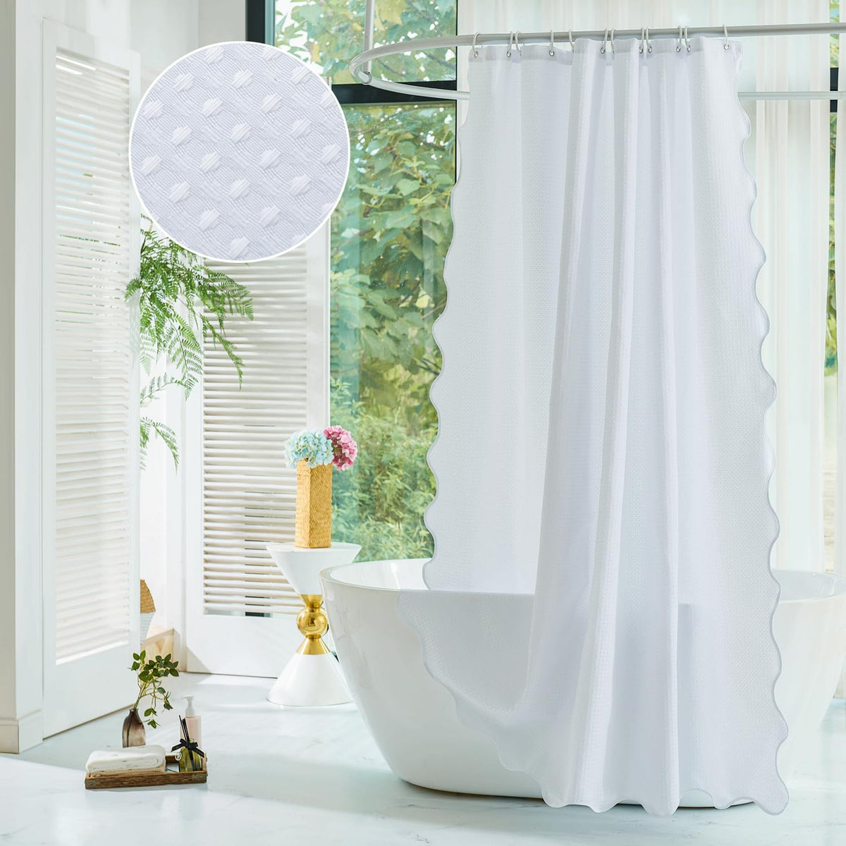 White Fabric with Water Blue Scalloped Border Shower Curtain,Boho Chic Cloth Shower Curtain for Bathroom Showers,72 x 72 Inches