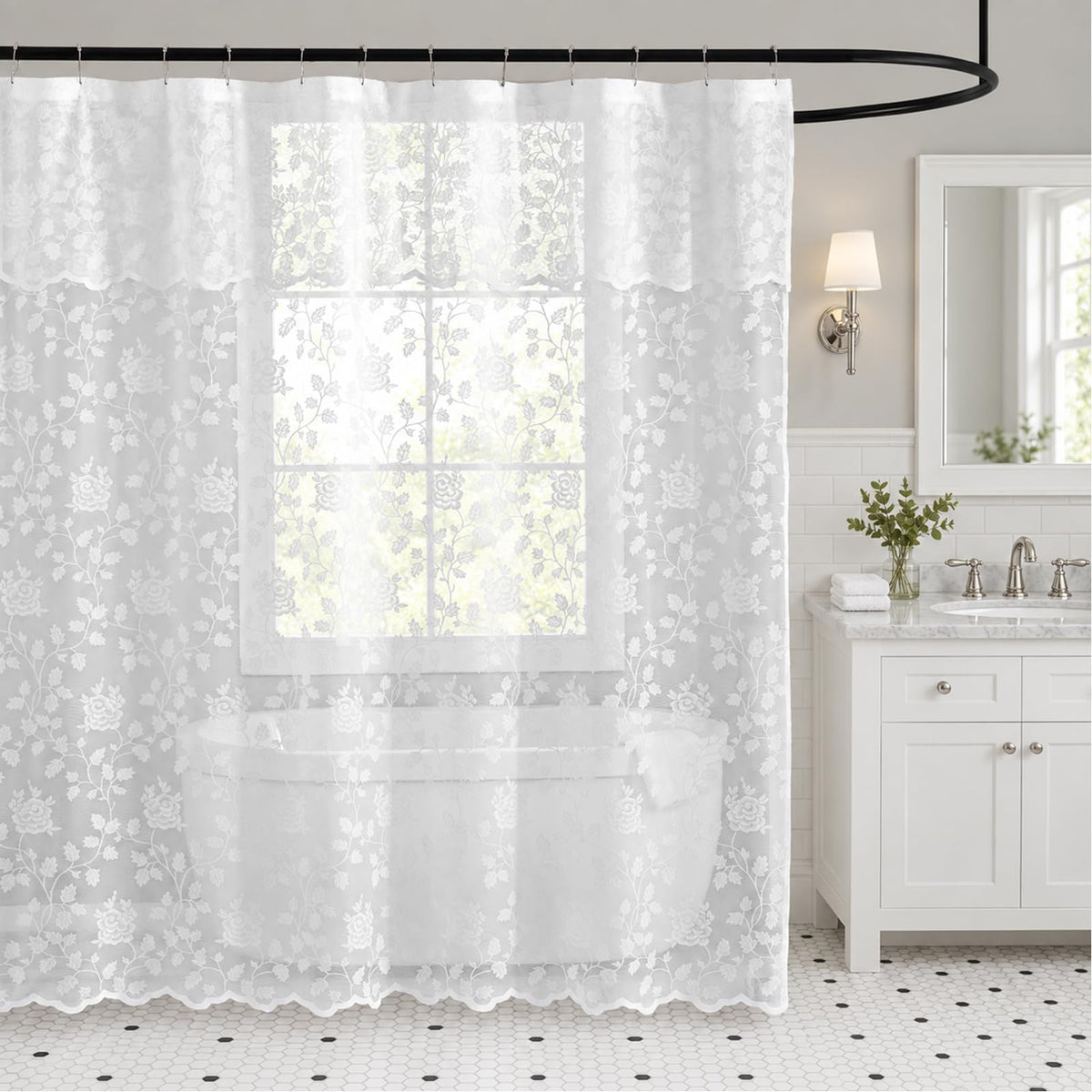 Black Lace Shower Curtain with Attached Valance, 72 x 72 Inch, 1 Panel