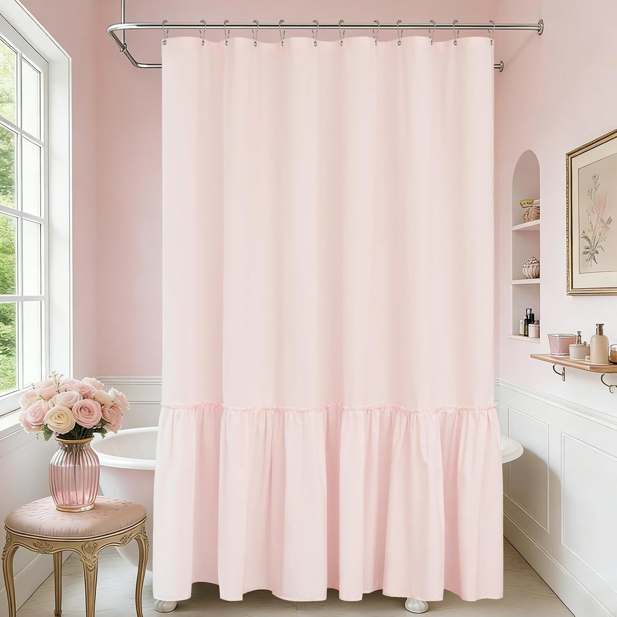 Seenus Baby Pink Ruffle Shower Curtain with Waterproof TPU Backed, Soft Microfiber Lovely French Ruched Shower Curtain, 72 x 72 Inch Bathroom 2 in 1 Washable Fabric Shower Curtain with TPU Lining