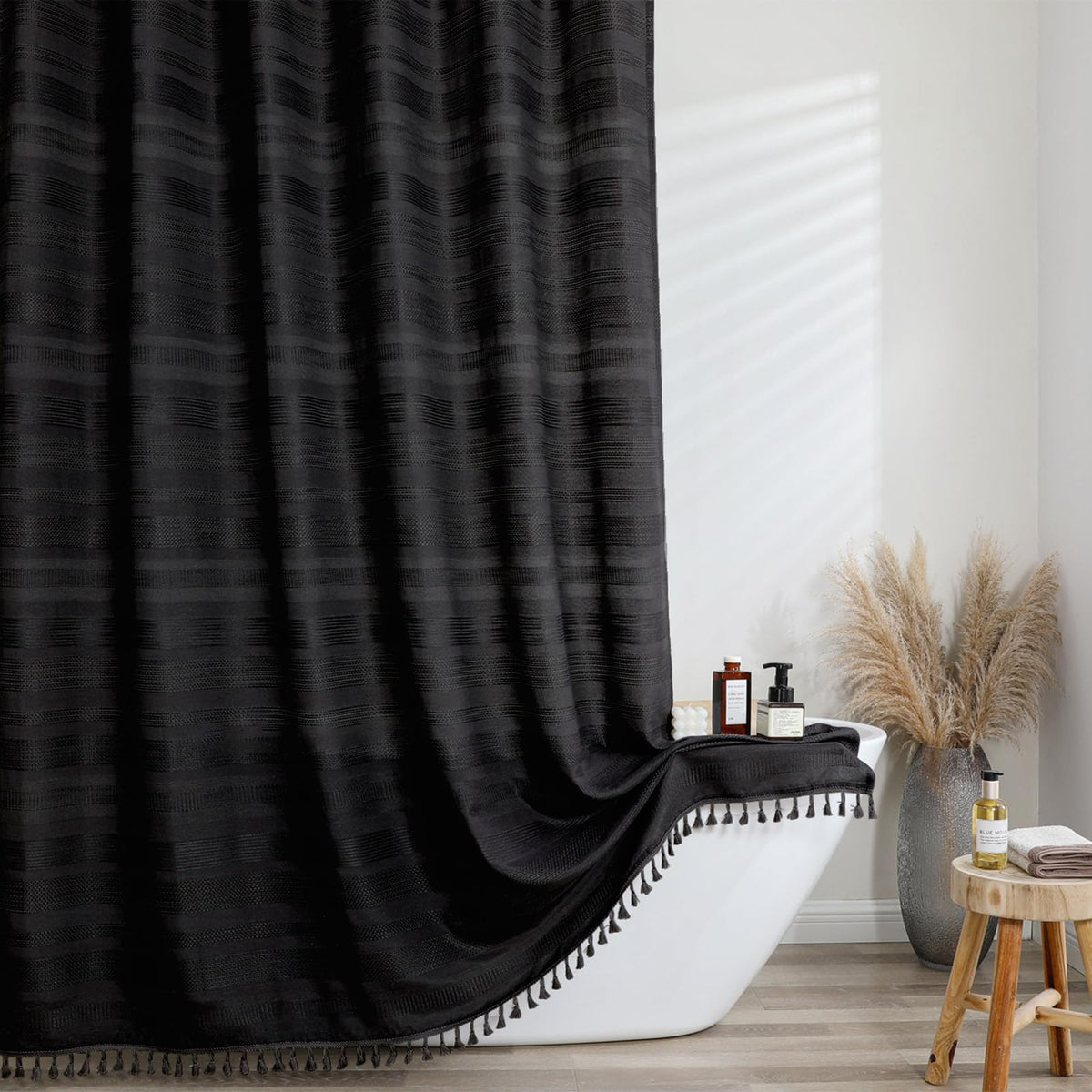 OVZME Extra Long Linen Shower Curtain - 84 Inch Long, Modern Farmhouse Heavy Duty Textured Soft Fabric, Rustic Country Boho Cloth Shower Curtain with Tassel for Bathroom Hotel, 72Wx84L Inches