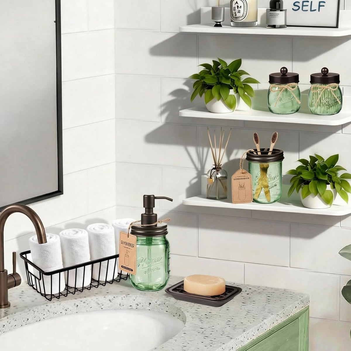 SheeChung Mason Jar Bathroom Accessories Set, 6Pcs Green Glass Bathroom Set