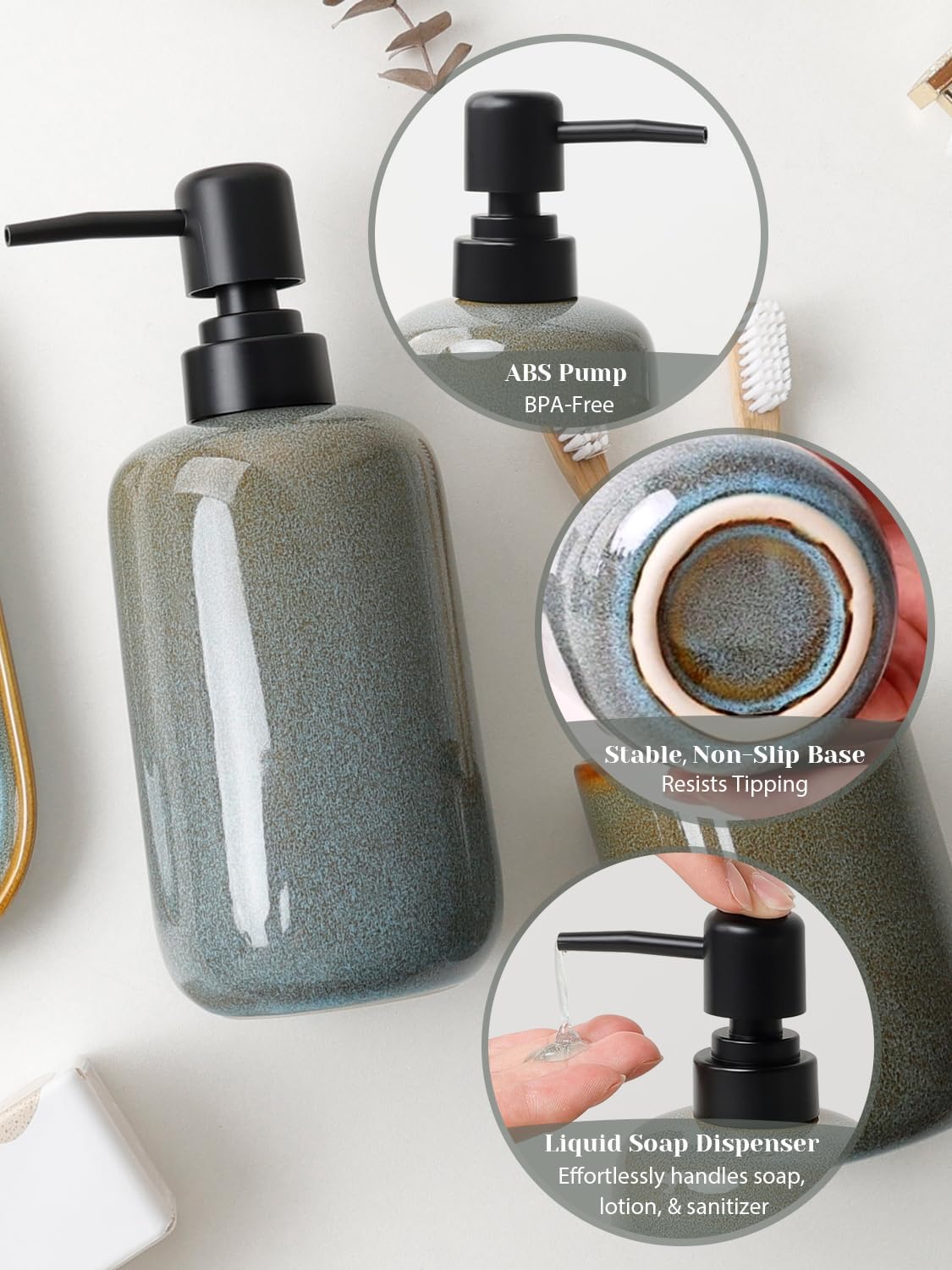 INGOFIN Ceramic Bathroom Accessories Set, Soap Dispenser &Toothbrush Holder