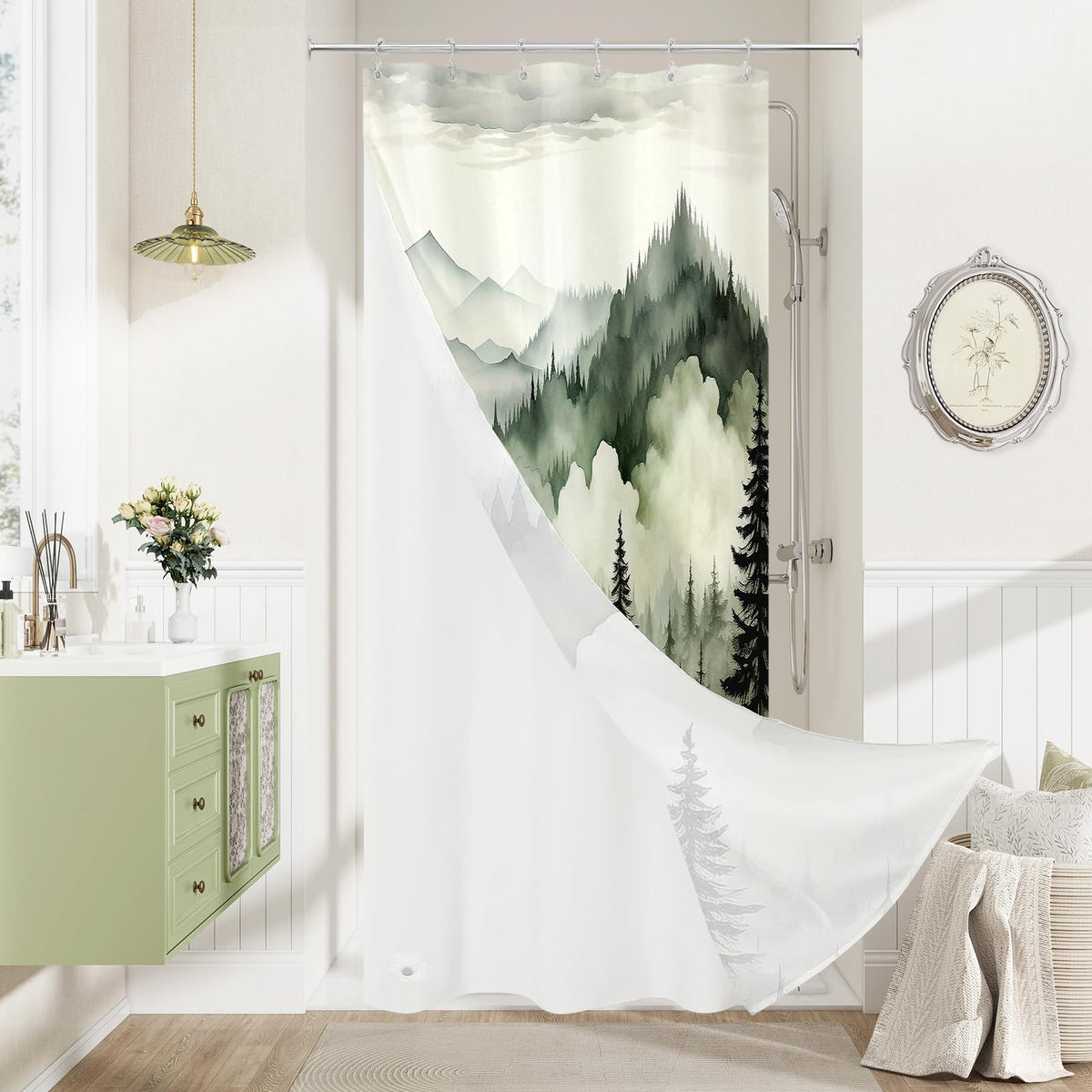 Dark Green Pine Forest Shower Curtain, Misty Woodland, 72 x 72 Inches