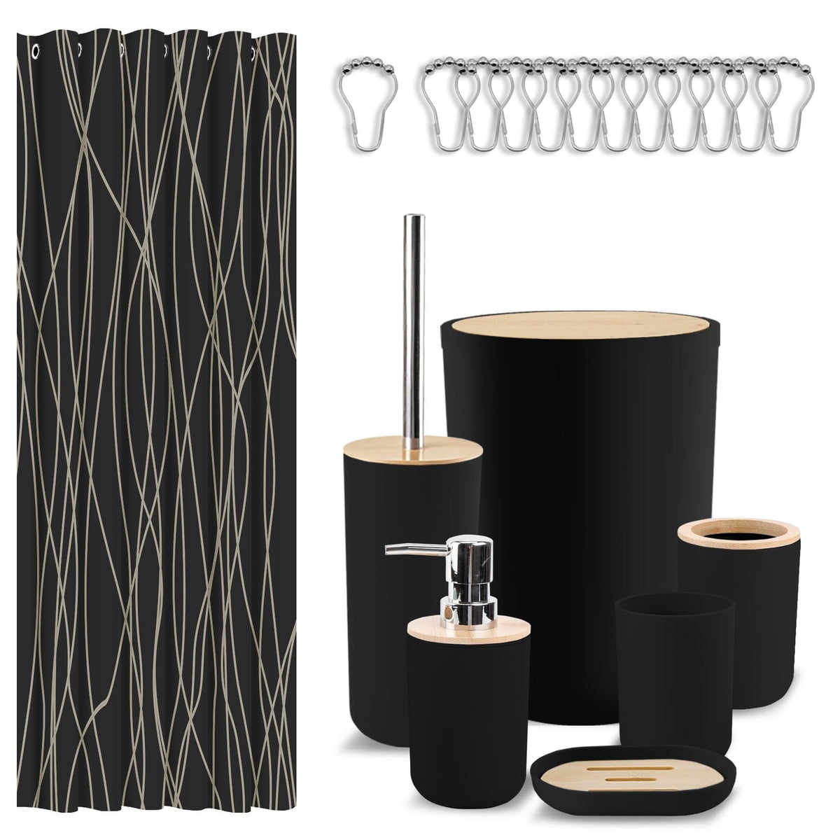 Britimes 7 Pack Bathroom Accessories Set, Shower Curtain Set, Black Striped