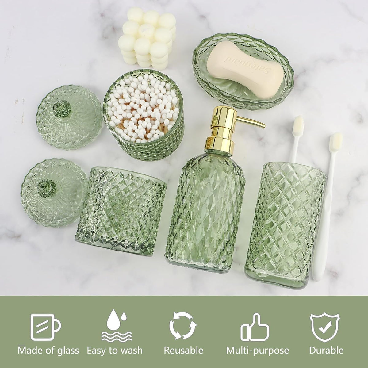 5Pcs Glass Bathroom Accessories Set,Green Vintage Bathroom Accessory Set