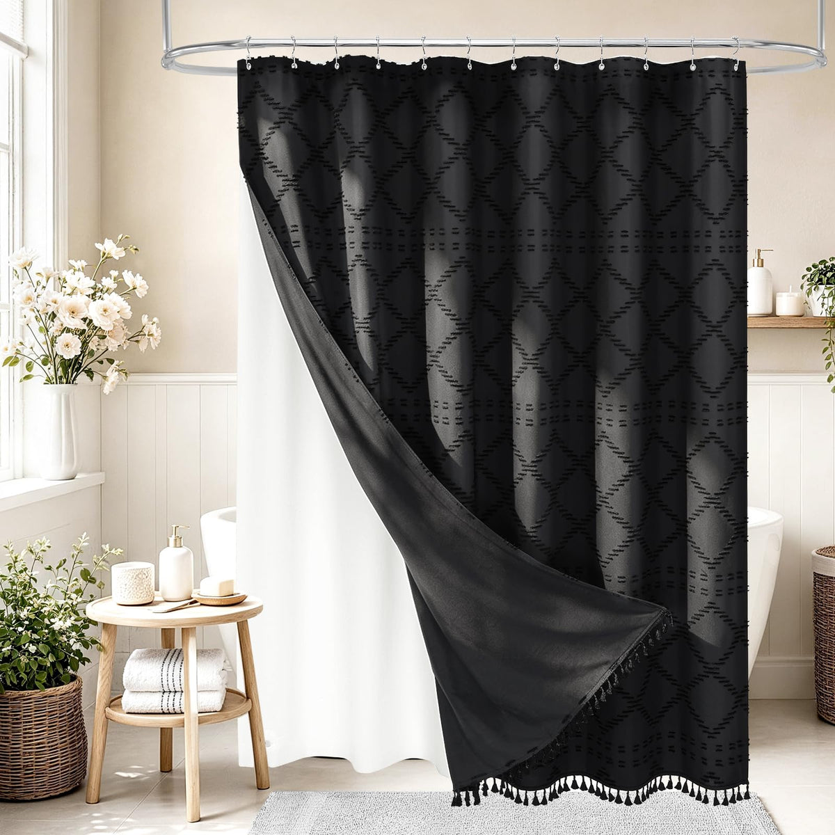Blue Boho Woven Fabric Shower Curtain with Tassel 72 x 72, Tufted Textured