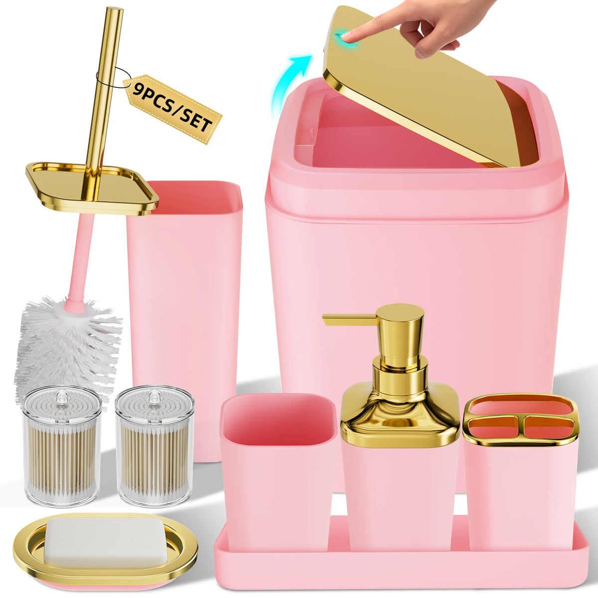 XLHOMO Bathroom Accessories Set - 25PC Bathroom Set with Shower Curtain and Rugs, Pink Bathroom Set, Bathroom Accessory Set with Press-on Lid Trash Can, Soap Dispenser and Qtip Holders