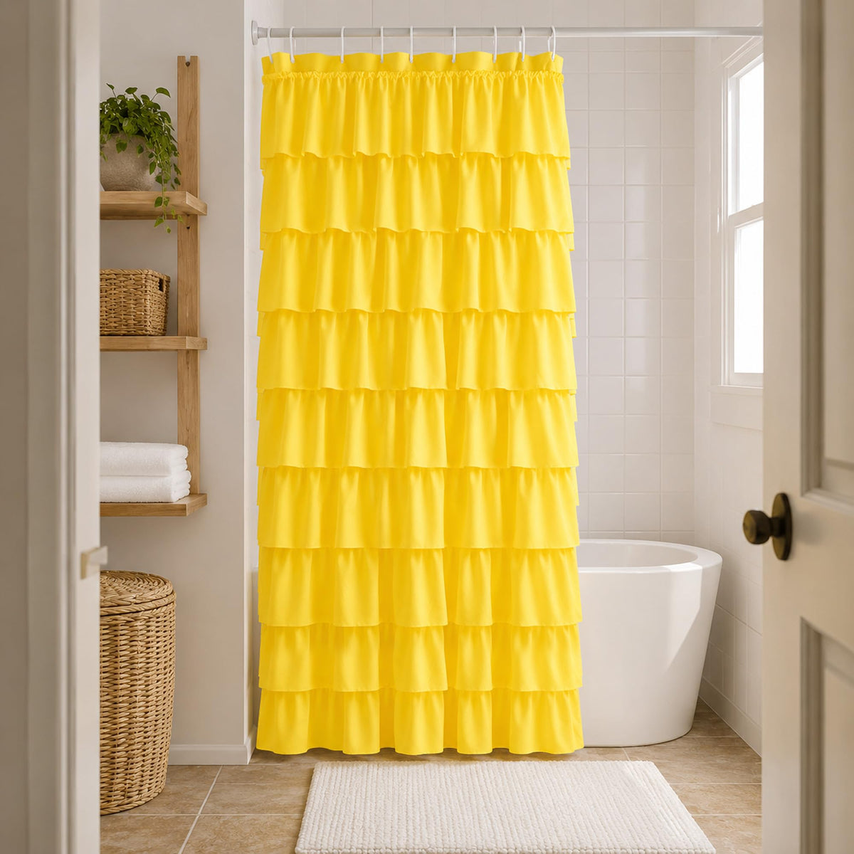 White Ruffle Shower Curtain for Bathroom,72 x 72 Inches, Farmhouse Style