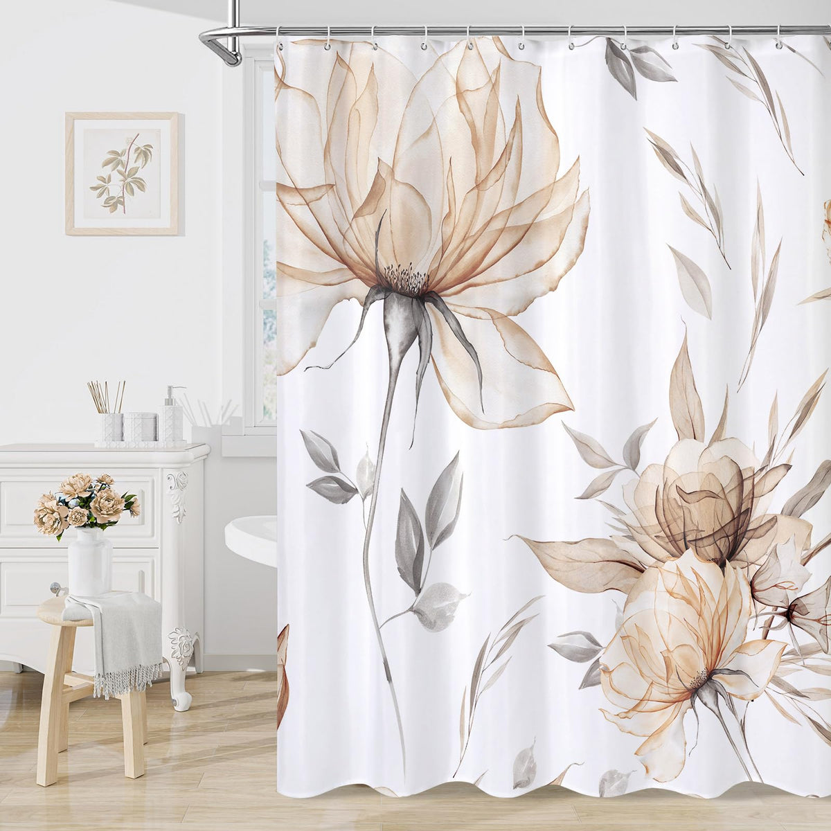 Blue Boho Floral Shower Curtain, Watercolor Botanical Design, 72 x 72