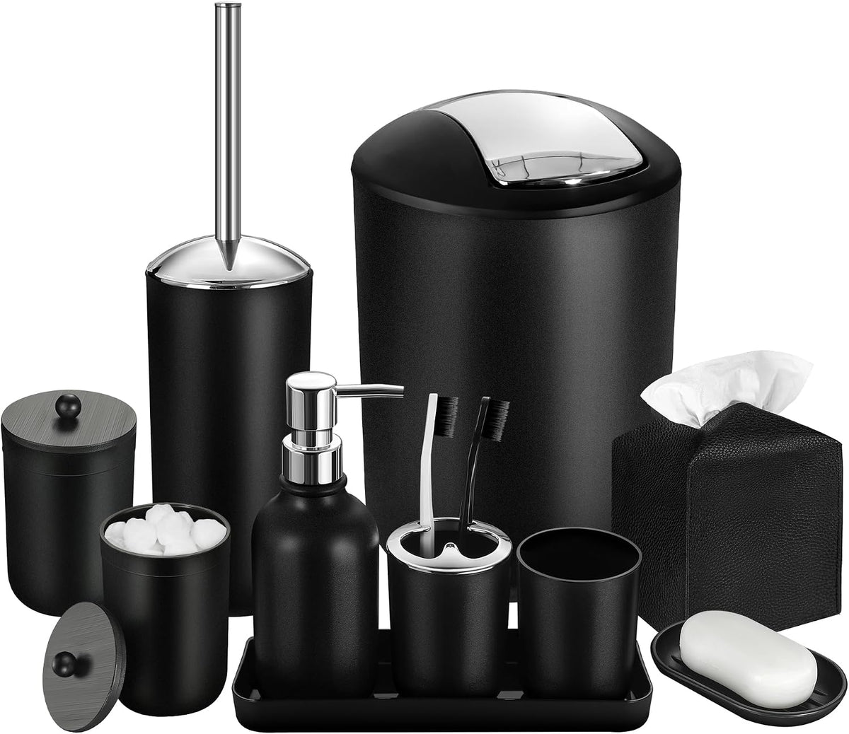 Black Bathroom Accessories Set, 10Pcs Bathroom Accessory Set with Trash Can, Soap Dispenser and Toothbrush Holder, Soap Dish, Cotton Ball & Qtip Holder, Toilet Brush Holder, Tissue Box Cover