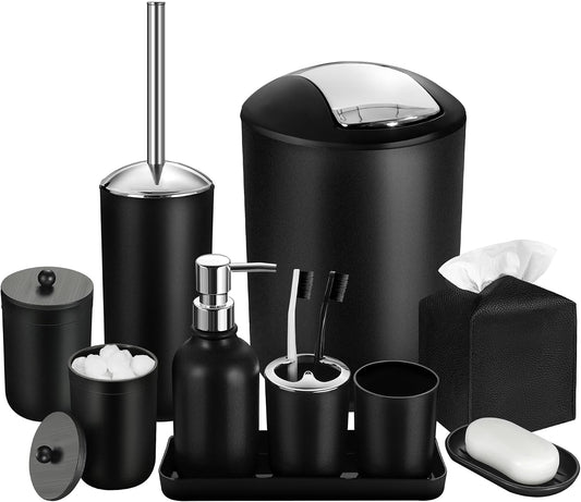 Black Bathroom Accessories Set, 10Pcs Bathroom Accessory Set with Trash Can, Soap Dispenser and Toothbrush Holder, Soap Dish, Cotton Ball & Qtip Holder, Toilet Brush Holder, Tissue Box Cover