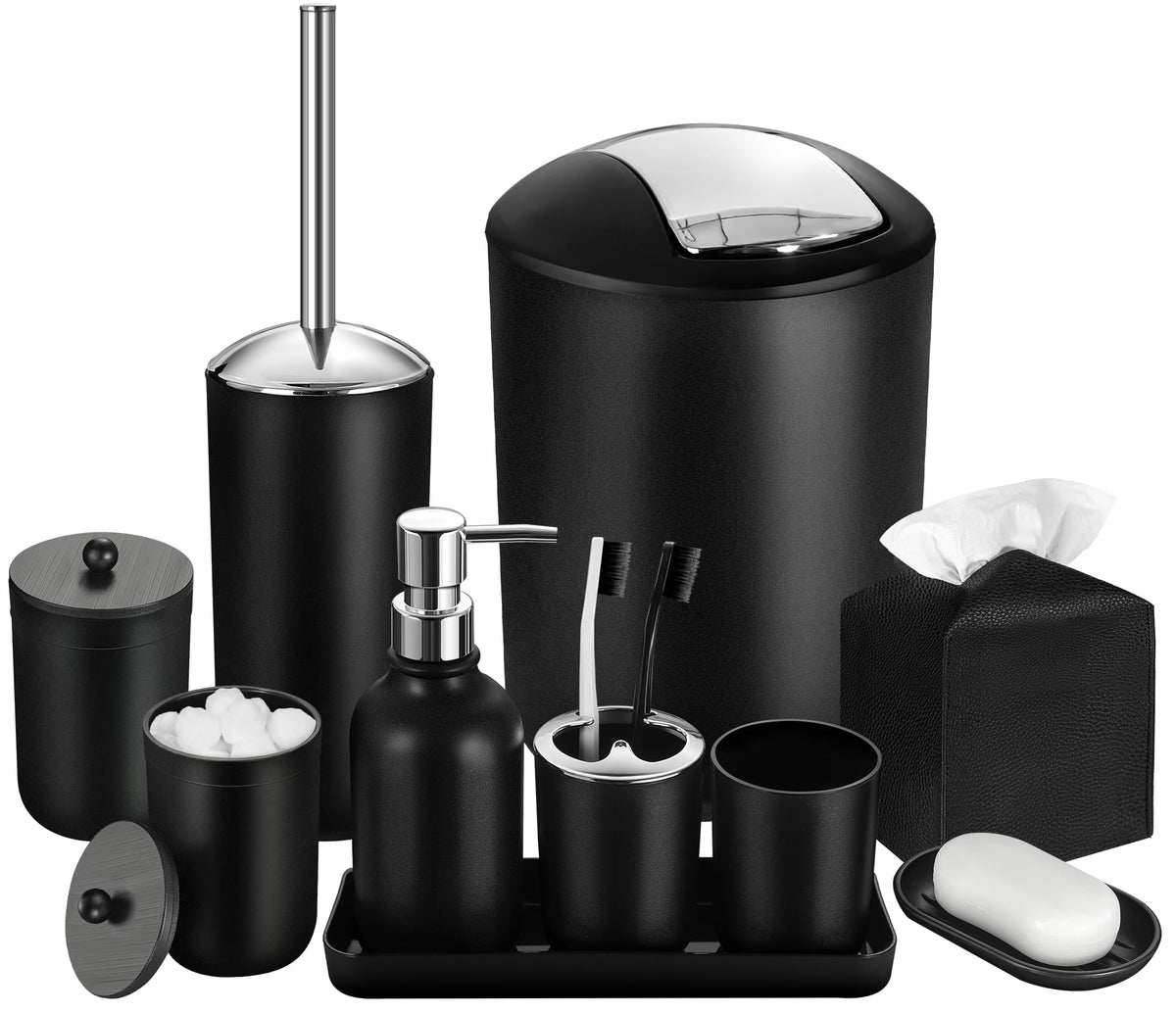 Black Bathroom Accessories Set, 10Pcs Bathroom Accessory Set with Trash Can, Soap Dispenser and Toothbrush Holder, Soap Dish, Cotton Ball & Qtip Holder, Toilet Brush Holder, Tissue Box Cover