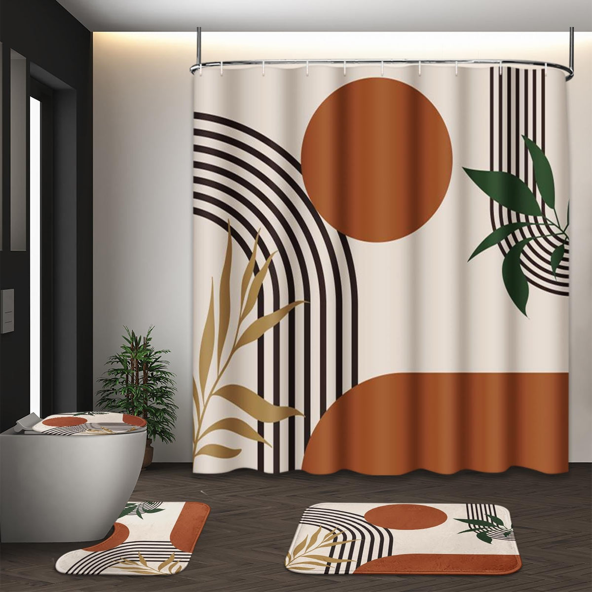 Bathroom Sets with Shower Curtain and Rugs, Set of 4, Boho Sage