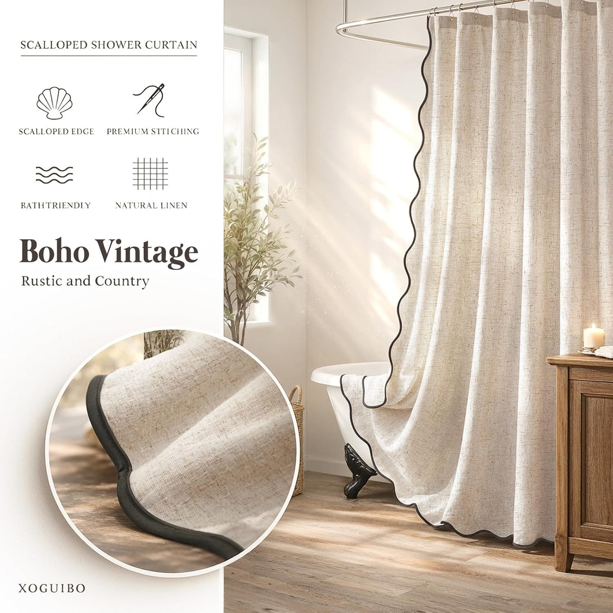 Scalloped Shower Curtain Linen Boho Beige 72" W x 72" L