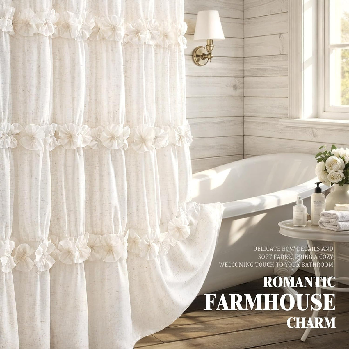 Boho Ruffle Farmhouse Fall Linen Shower Curtain Vintage Cream 72" W x 72" H