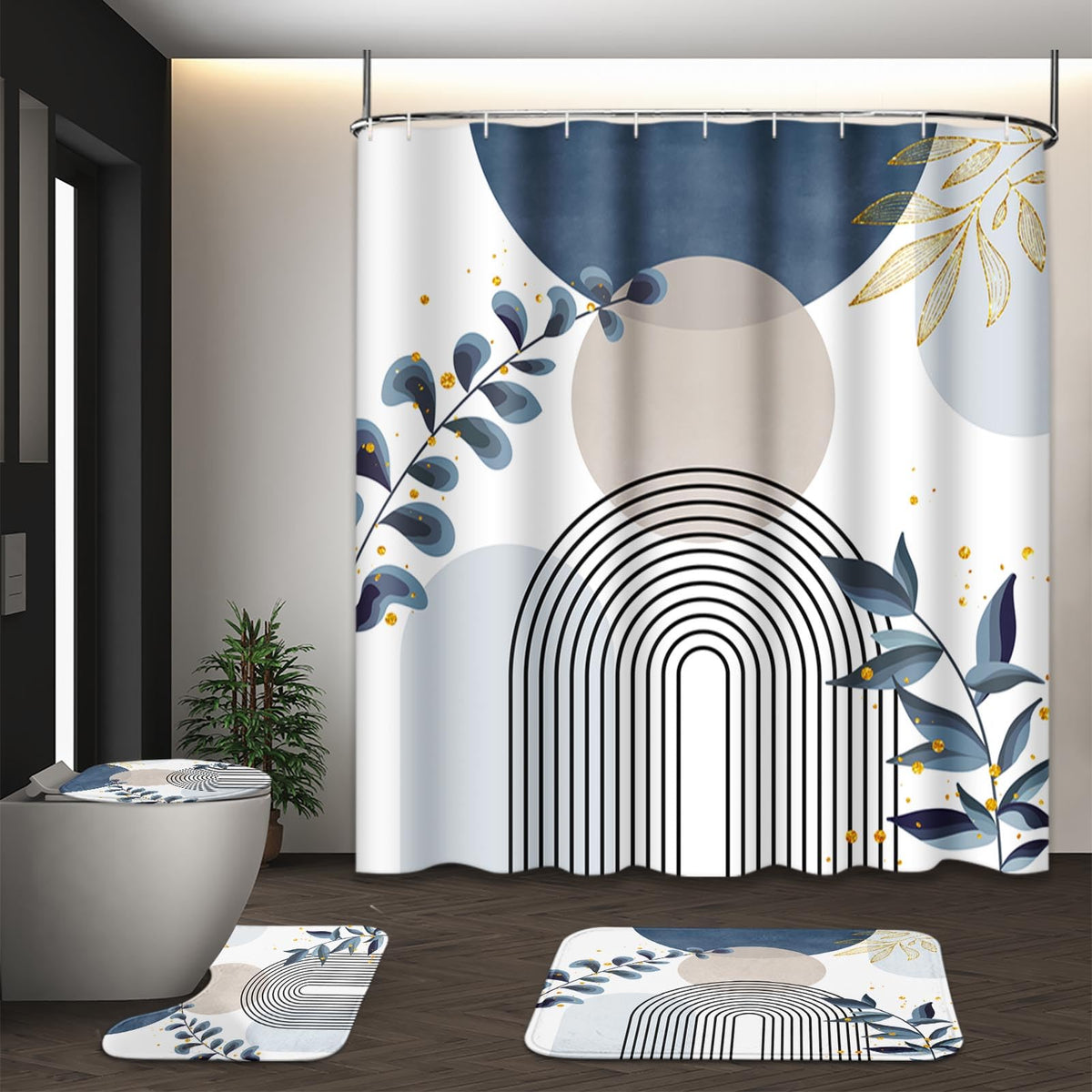 Bathroom Sets with Shower Curtain and Rugs, Set of 4, Boho Sage