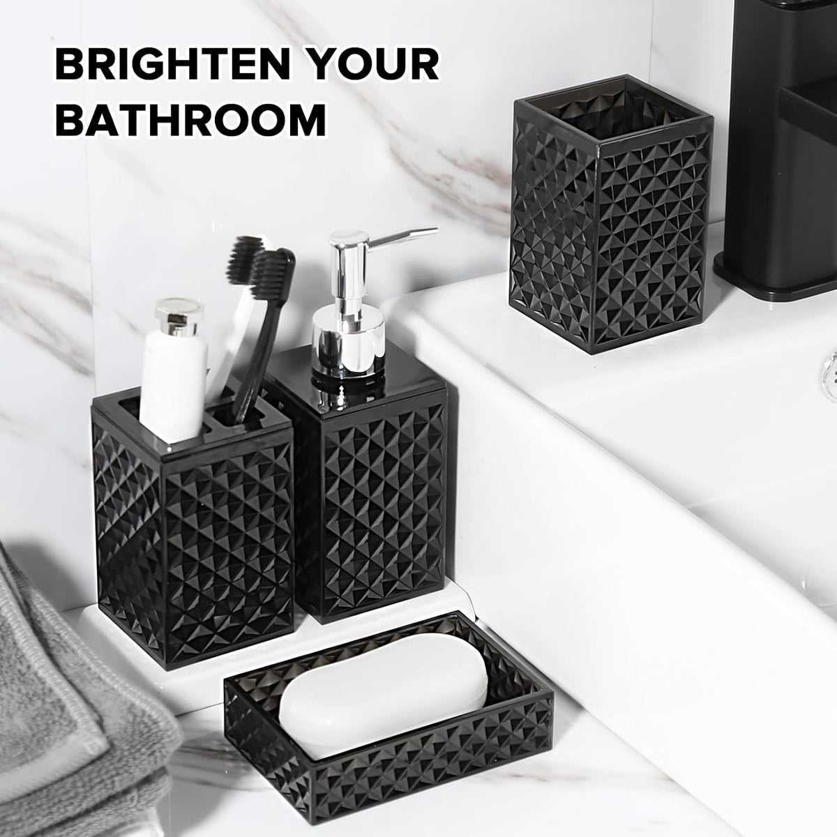 RYTOXILO Black Bathroom Accessories Set, 4 Pack Matte Black Bath Accessory Sets Complete, Acrylic Soap Dispenser and Toothbrush Holder Set for Bathroom Counter Sink, Modern Bathroom Decor