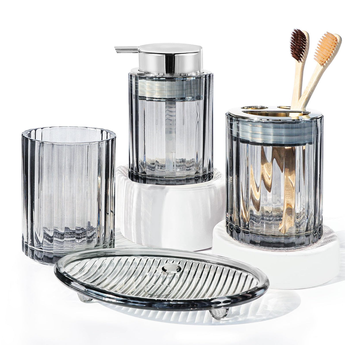 CERBIOR Bathroom Accessories Set, 4 PCS Glass Bathroom Set,Golden Pink