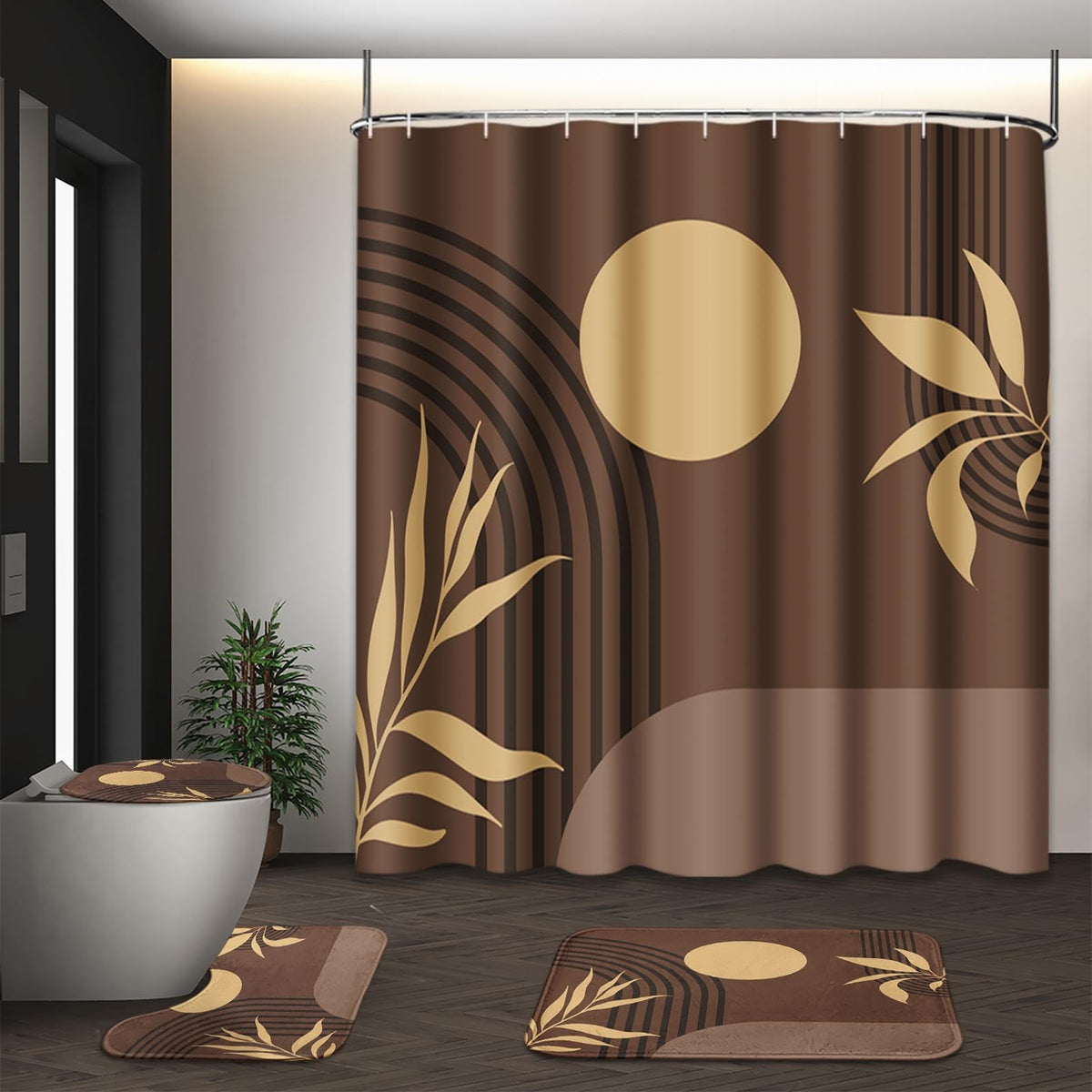 Bathroom Sets with Shower Curtain and Rugs, Set of 4, Boho Sage