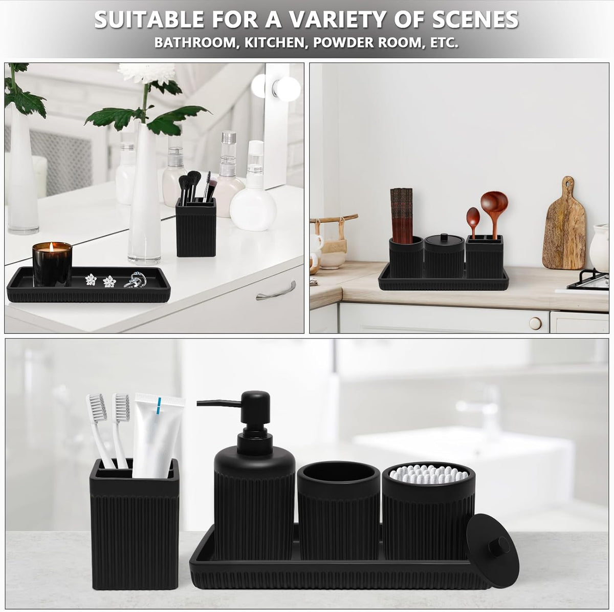 XLHOMO Resin Matte Black Bathroom Accessories Set 5 Pcs, Lotion Soap Dispenser, Toothbrush Holder, Bathroom Tumbler, Qtip Holder and Vanity Tray, Bathroom Countertop Organizer Set for Home Apartment