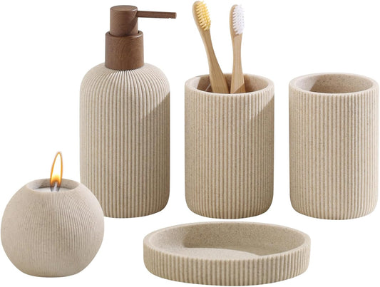 Bathroom Accessories Set, 5 PCS Modern Bath Organizer, Beige