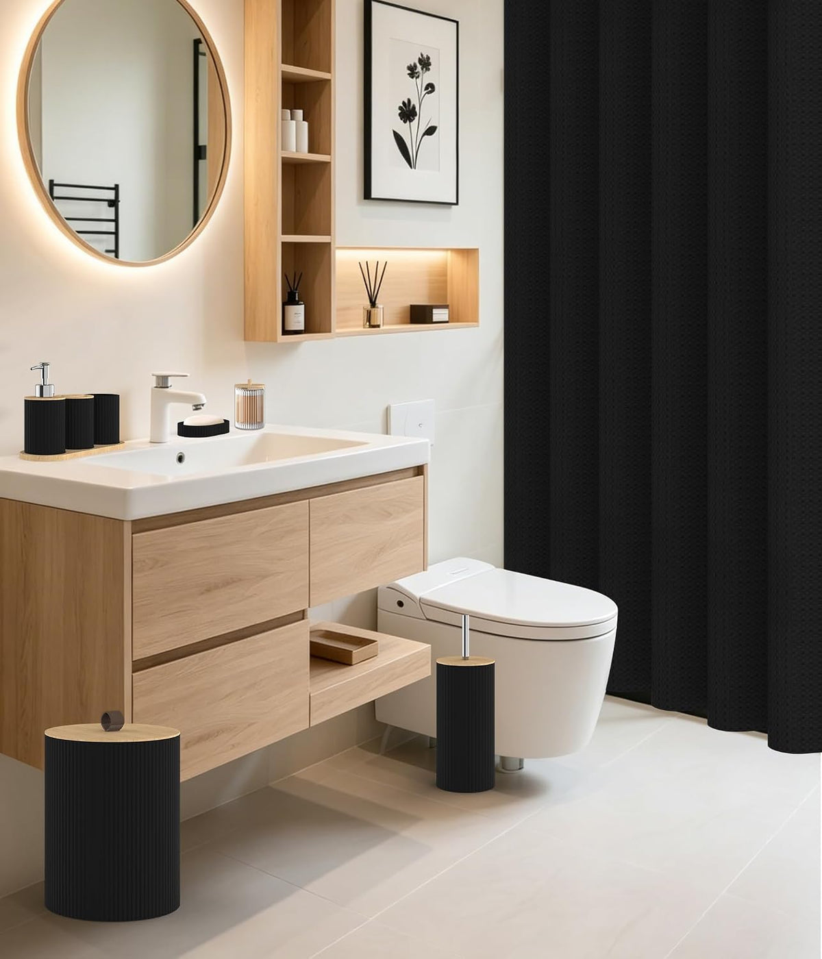 22Pcs Matte Black Bathroom Accessories Set Shower Curtain Decor Kit