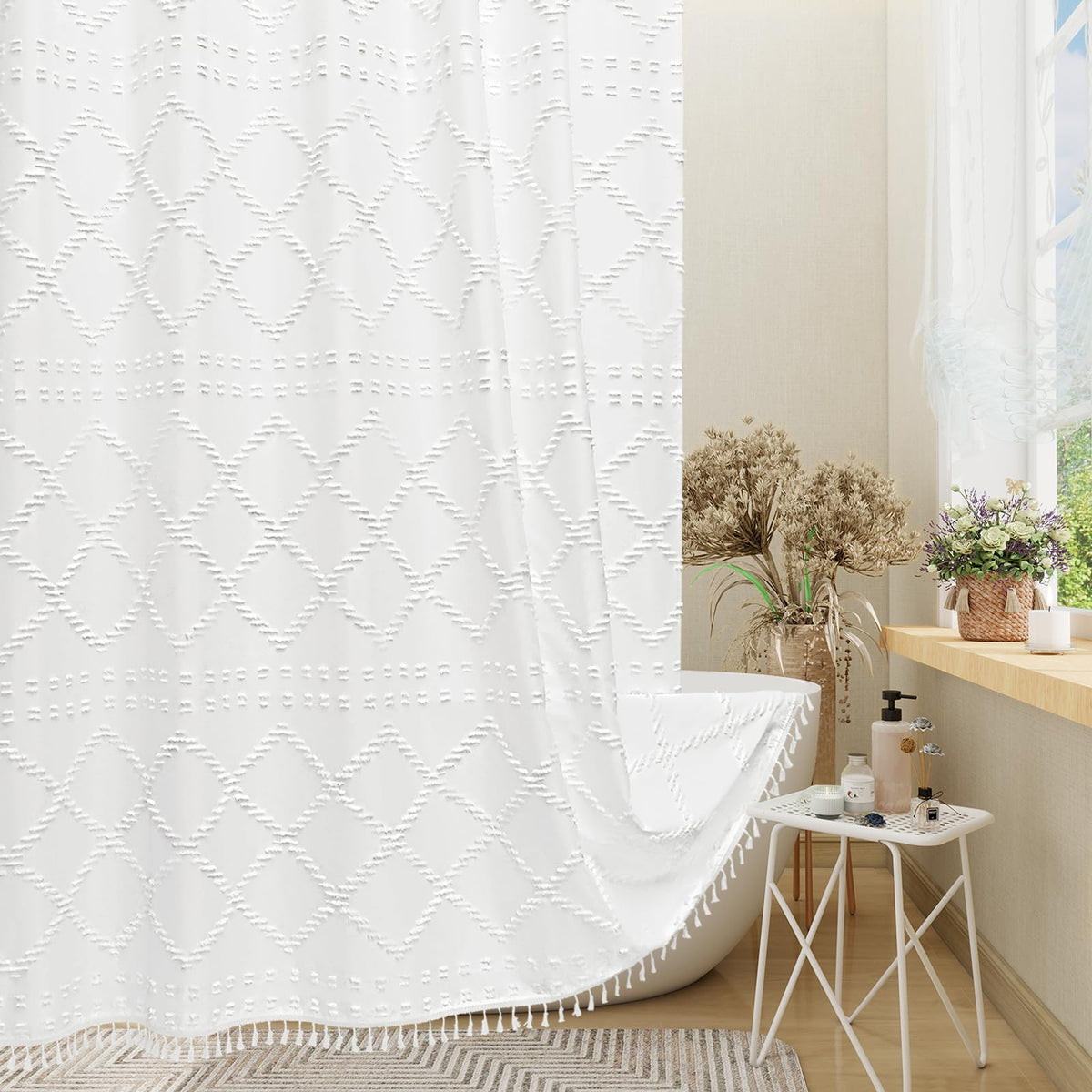 Blue Boho Woven Fabric Shower Curtain with Tassel 72 x 72, Tufted Textured