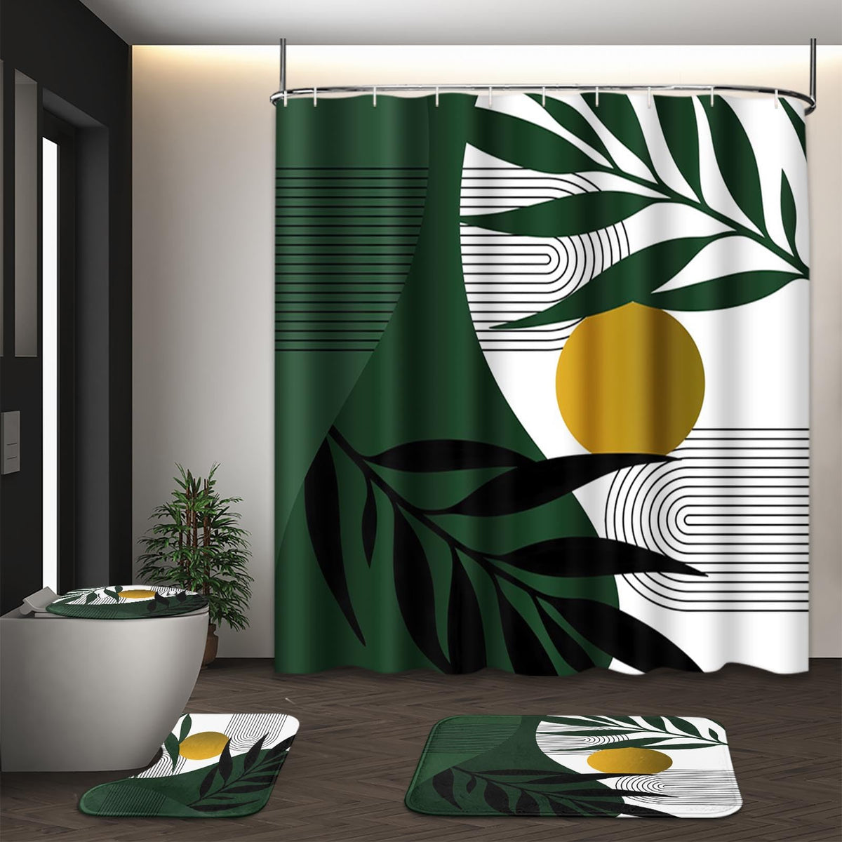 Bathroom Sets with Shower Curtain and Rugs, Set of 4, Boho Sage