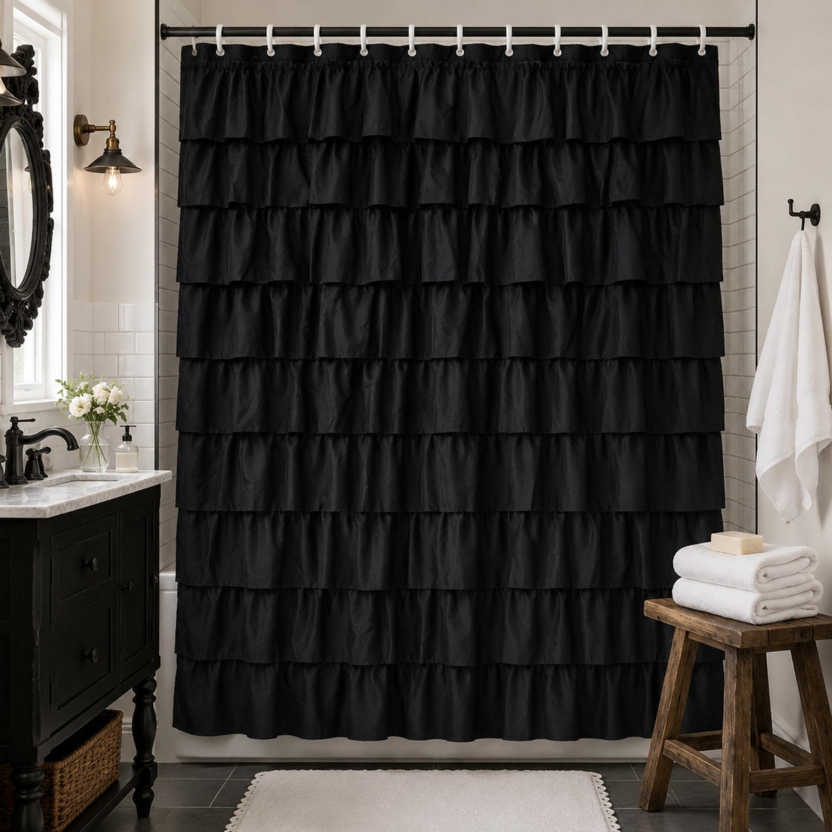 White Ruffle Shower Curtain for Bathroom,72 x 72 Inches, Farmhouse Style