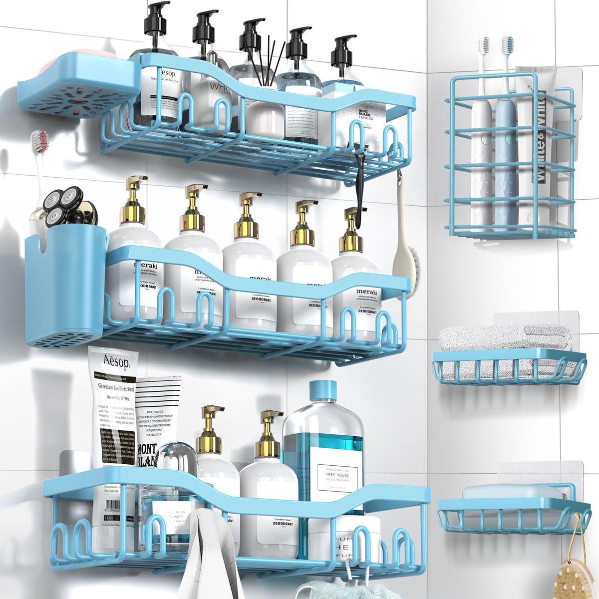 NESOMI Shower Caddy Adhesive Shower Organizer 7-Pack, Rustproof Stainless Steel Bathroom Shelves, Large Capacity No-Drill Rack Storage Accessories with Soap Dish Toothbrush Holder Hooks
