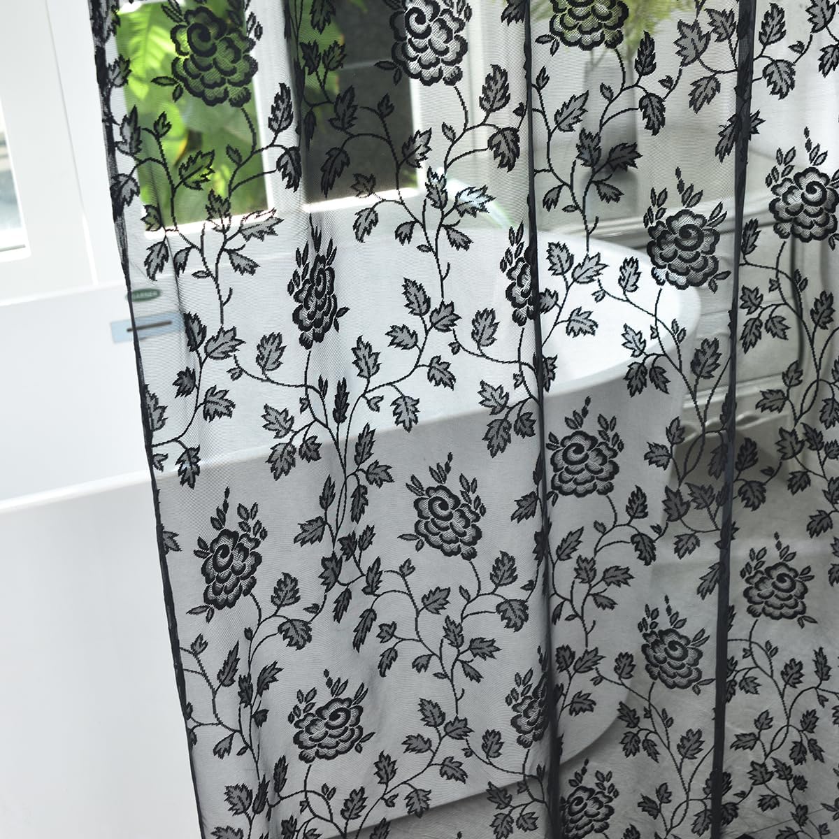 Black Lace Shower Curtain with Attached Valance, 72 x 72 Inch, 1 Panel
