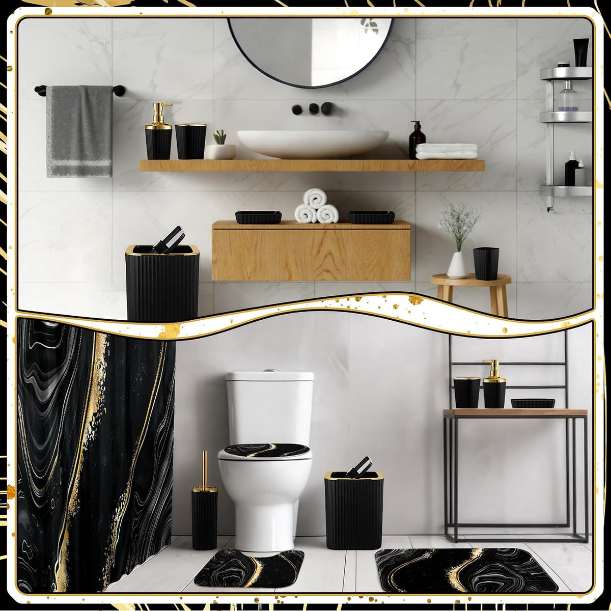 Patelai 10 Pcs Black and Gold Marble Bathroom Decor Set with Shower Curtain