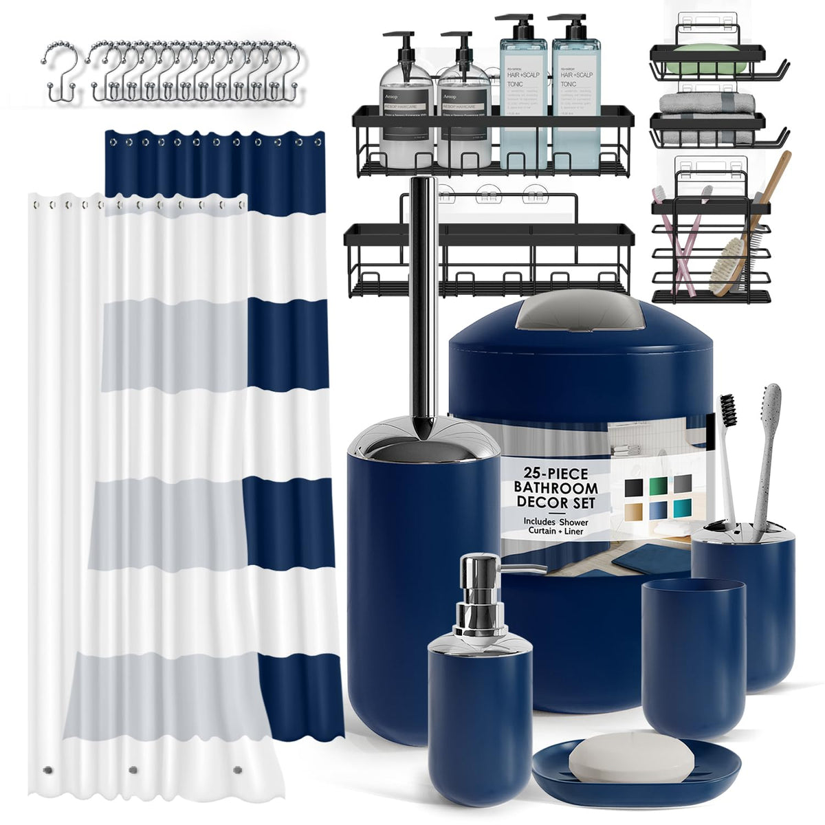Clara Clark Bathroom Set - Navy Bathroom Accessories Set, 20PC Bathroom Accessory Set, Shower Curtain Set with Liner, Toothbrush Holder, Soap Dispenser, Soap Dish, Toilet Brush Holder, and Trash Can