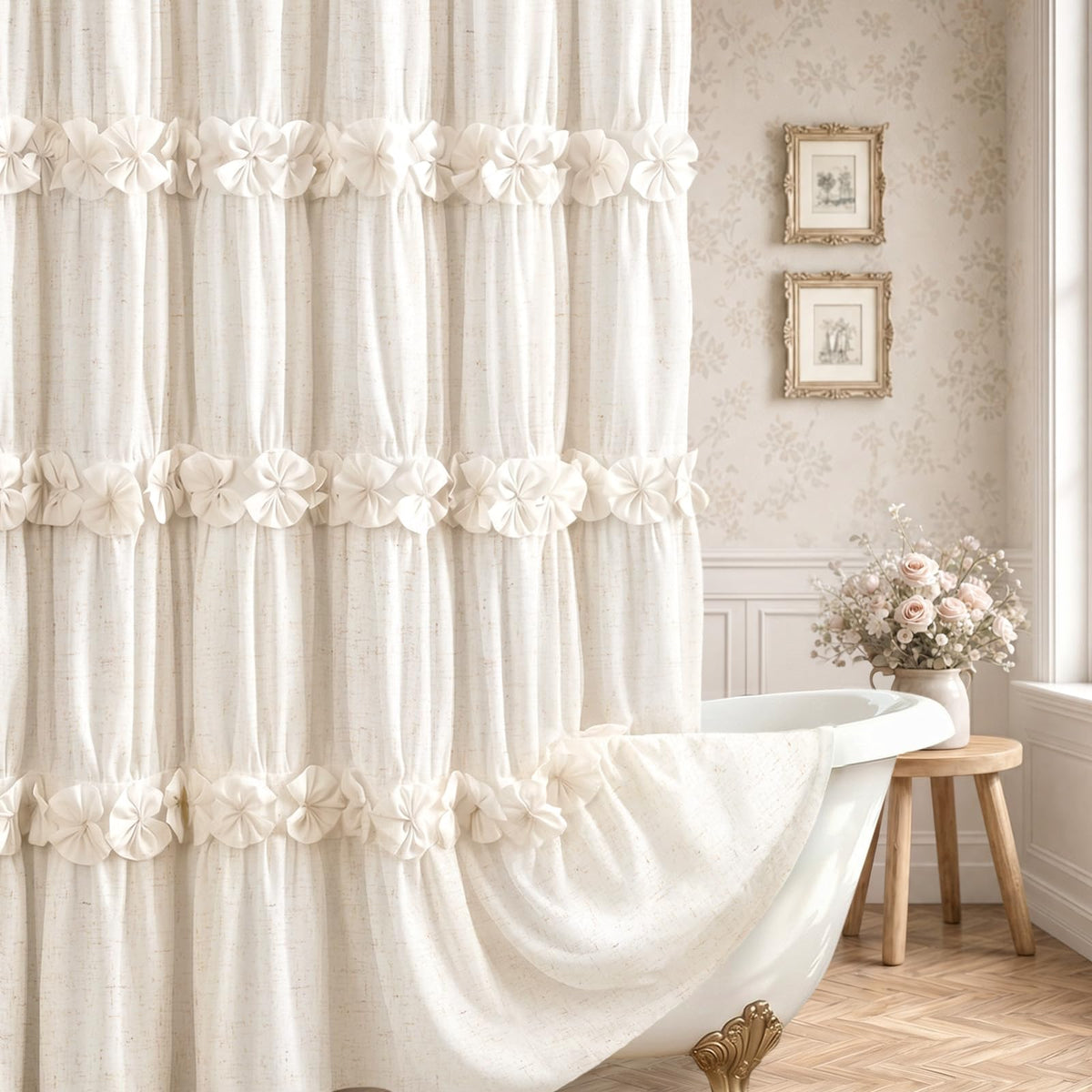 Boho Ruffle Farmhouse Fall Linen Shower Curtain Vintage Cream 72" W x 72" H