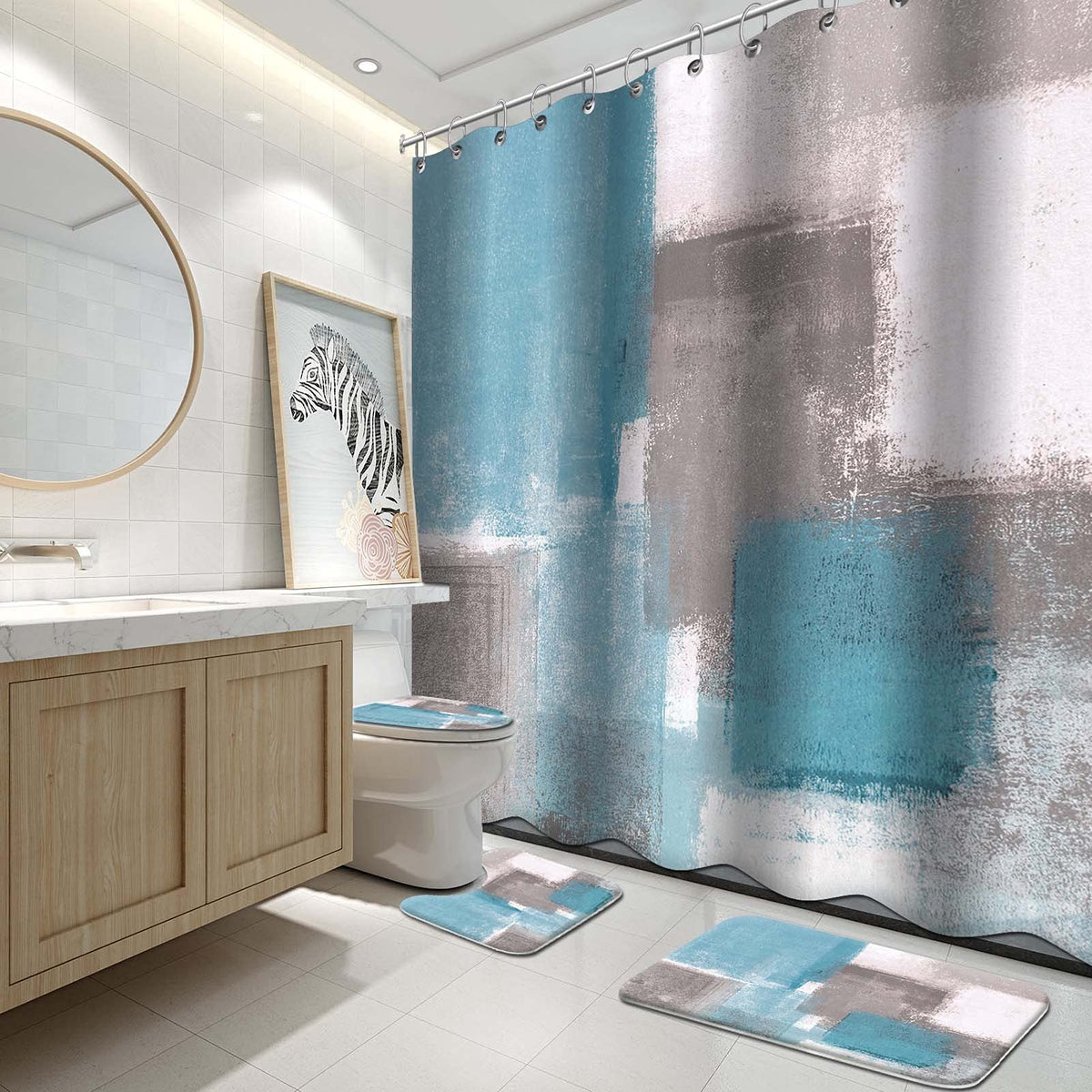 Lnond 4Pcs Bathroom Shower Curtain Sets with Rugs,Orange Modern Painting Art Bathroom Sets with Shower Curtain and Rugs and Accessories