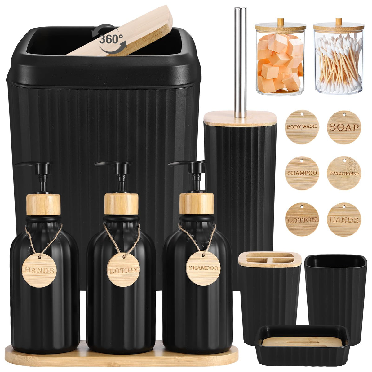XLHOMO Black Bathroom Accessories Set 17PCS Bathroom Set with 3PCS Soap Dispenser Bathroom Accessory Set Black Trash Can for Bathroom Decor