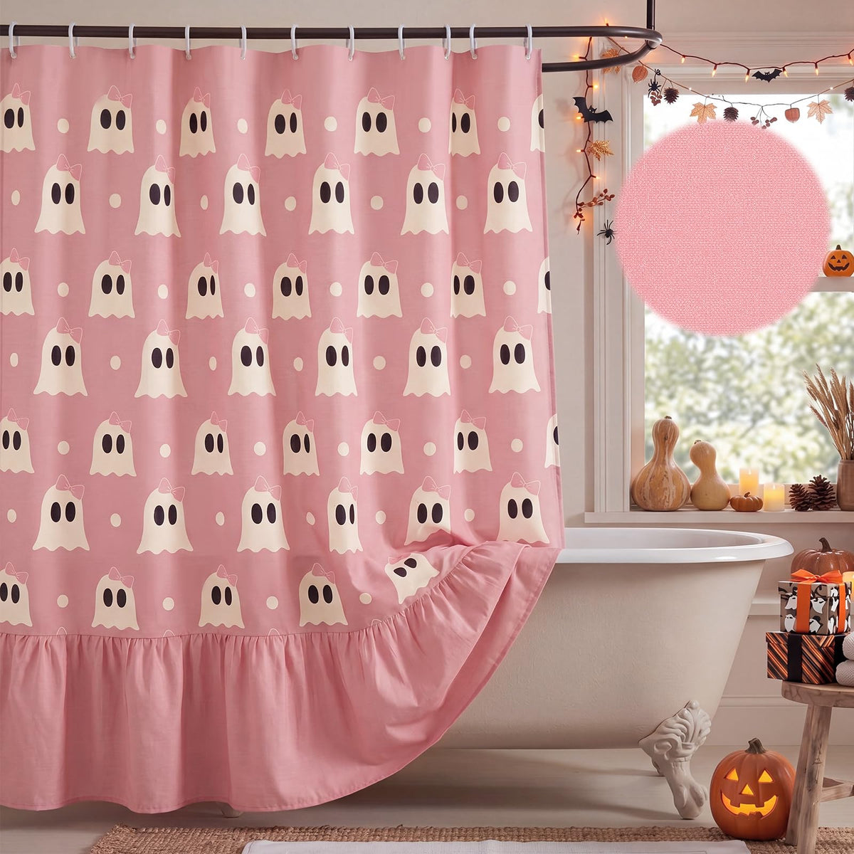 Irenare Fall Pumpkin Shower Curtain, Beige Ruffle Gingham Bathroom Decor